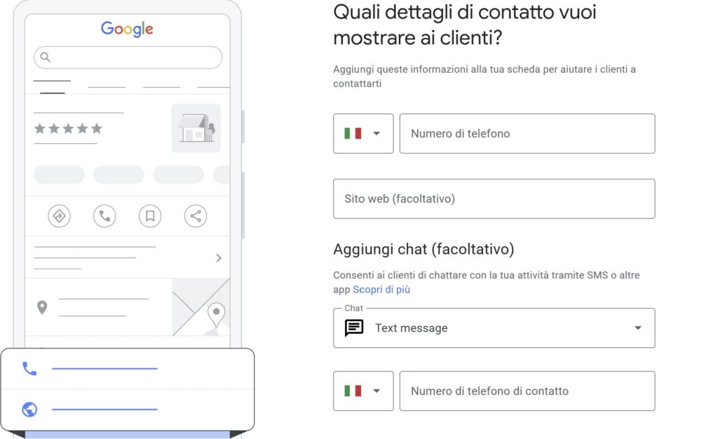 Google Business Profile inserisci telefono e sito web